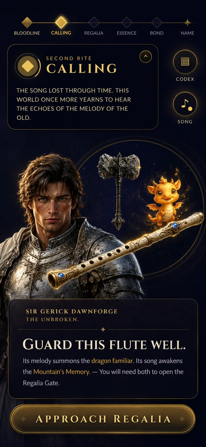 Sir Gerick Dawnforge presents a magical flute, relic hammer, and dragon familiar
