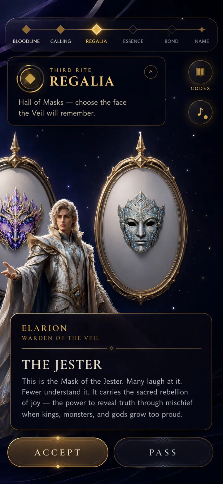 Elarion, Warden of the Veil, offers the Mask of the Jester